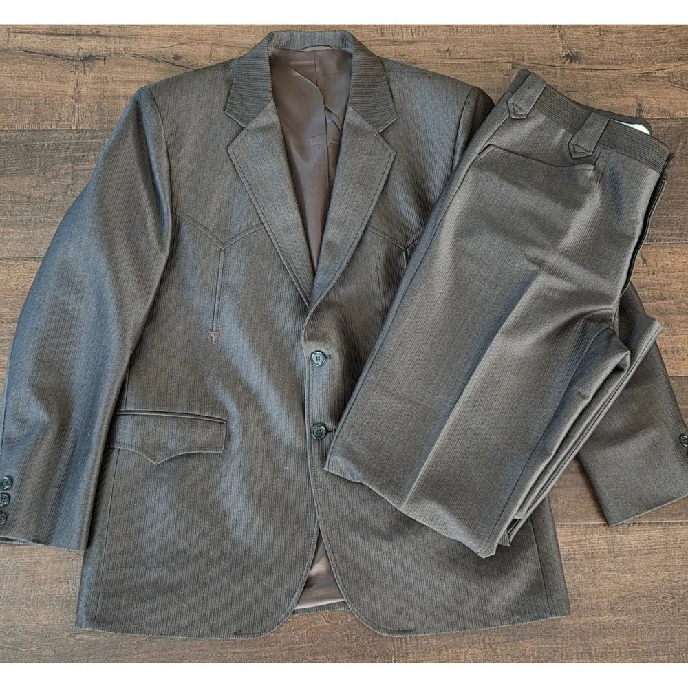 VTG RARE 70s Circle S Western Urban Wear Brown Textured Blazer Pants 44R USA